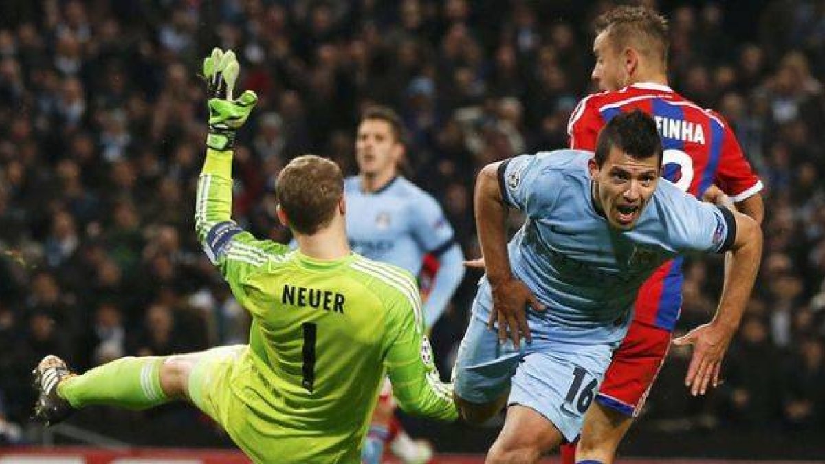 Agüero celebra el gol de la victoria del City ante el Bayern.
