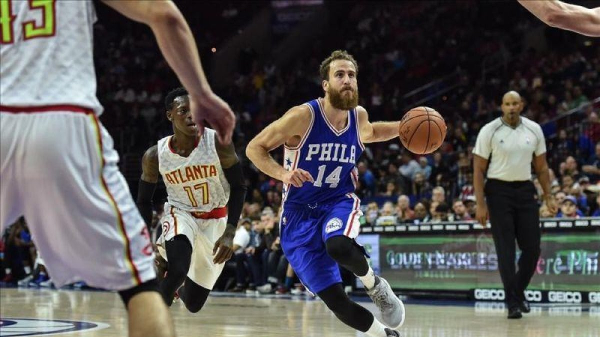 Sergio Rodríguez, con la camiseta de los Sixers.