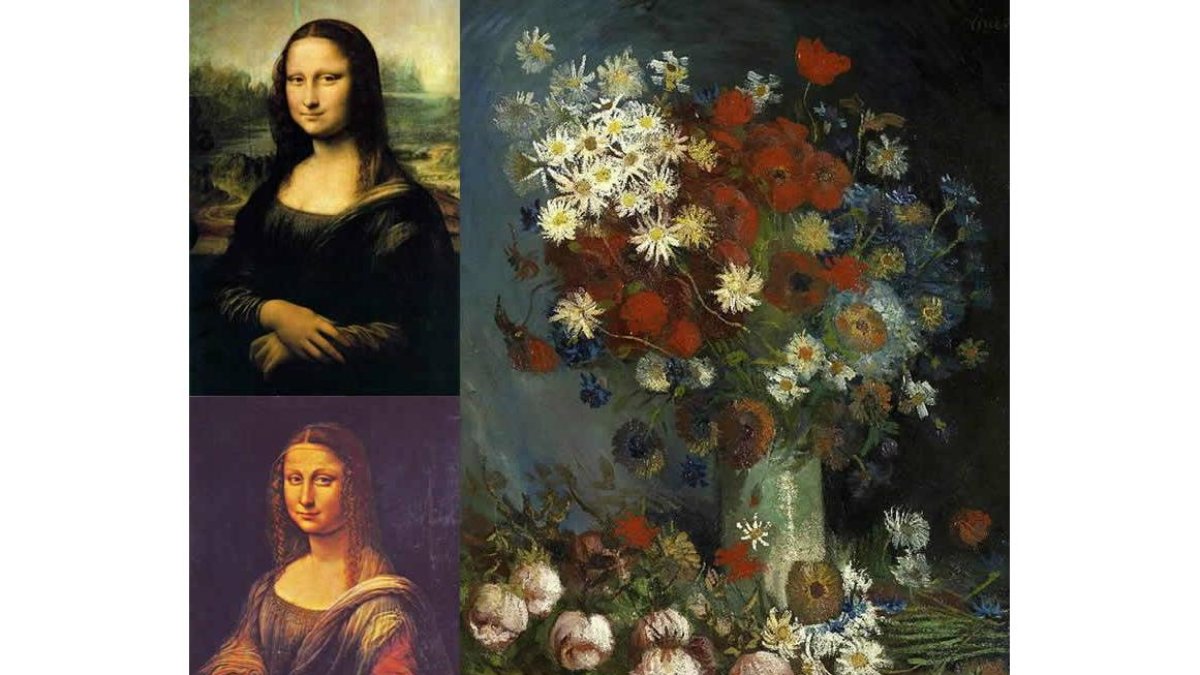 La Gioconda del Louvre y la del Prado. Derecha, bodegón atribuido a Van Gogh.