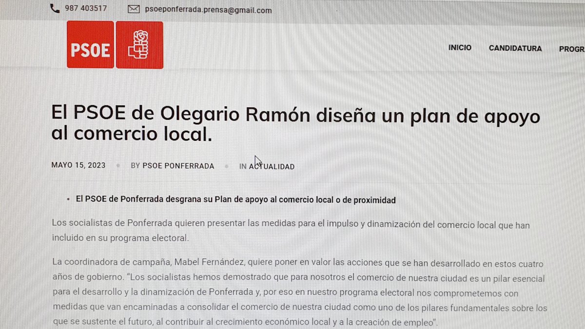 Página web del PSOE de Ponferrada que dirige Olegario Ramón y que viene a desdecir el 15 de mayo pasado lo que él mismo publicó este jueves con su twit. DL