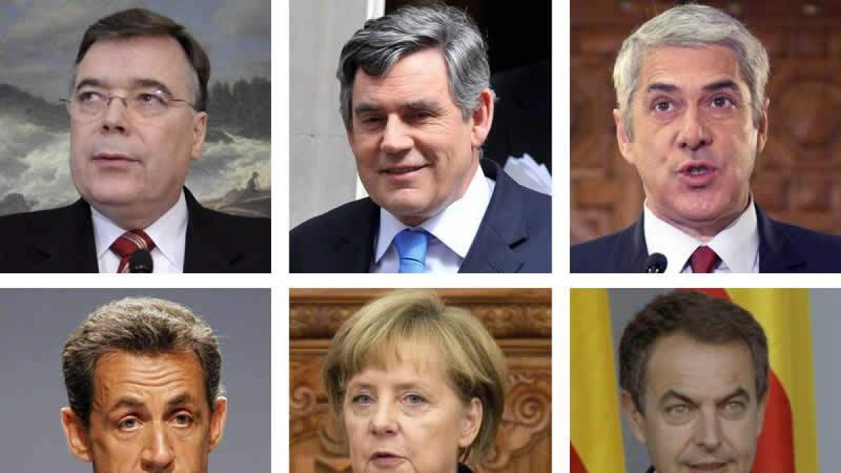 El ex primer ministro de Islandia, Haarde; el ex mandatario británico Gordon Brown; el portugués José Sócrates; el francés Nicolas Sarkozy; la canciller alemana Angela Merkel y el presidente Zapatero.