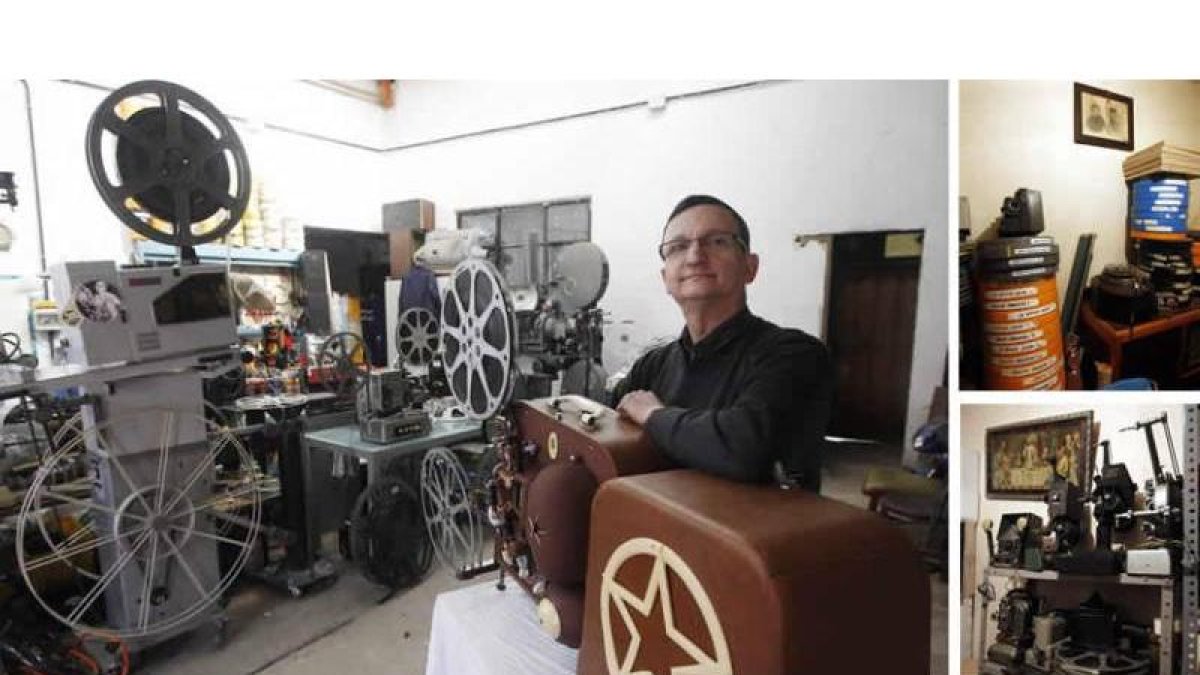 Miguel Pérez ‘Trebol’ con algunos de los proyectores que ha ido coleccionando y reparando en su taller de Veguellina de Órbigo.