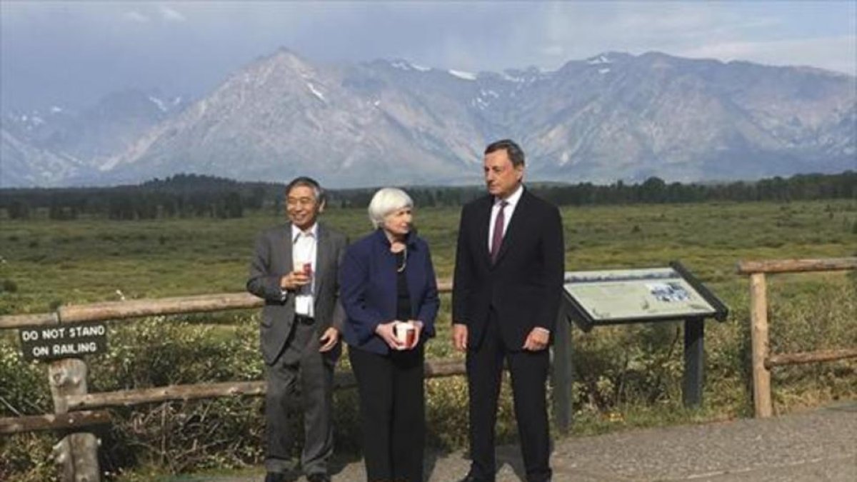 Janet Yellen (Reserva Federal), Mario Draghi (BCE) y Haruhiko Kuroda (Banco de Japón), en el reciente encuentro de Jackson Hole.