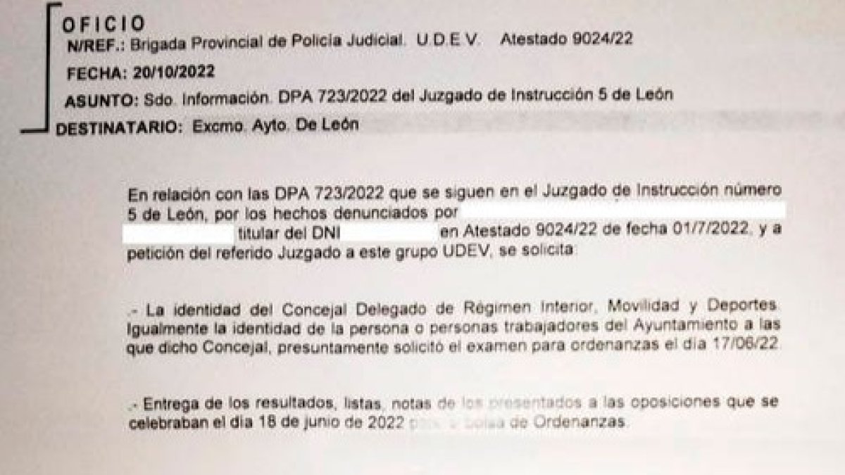 Documento remitido por la Udev al Ayuntamiento de León. DL