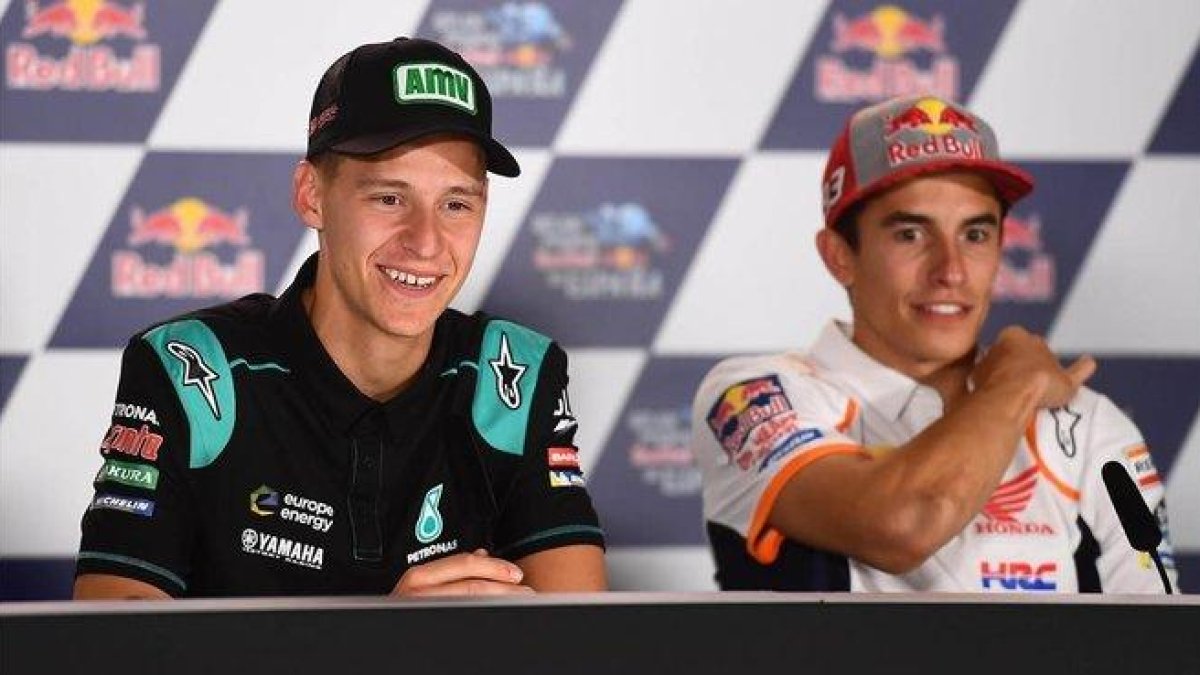 Fabio Quartararo (Yamaha) y Marc Márquez (Honda), en la conferencia de prensa de Catar.