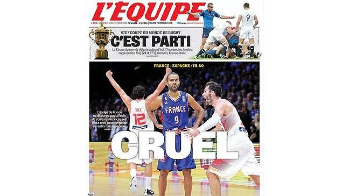 La primera portada de 'L'Équipe' en pequeño formato, dedicada a la victoria de España sobre Francia en el Eurobásquet.