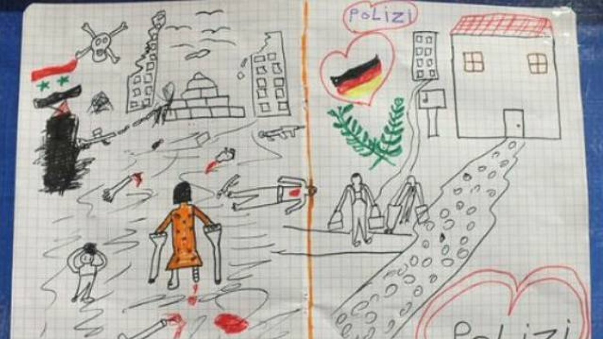 Dibujo de un niño refugiado sirio que ha enternecido a la policía de Passau (Baja-Baviera).