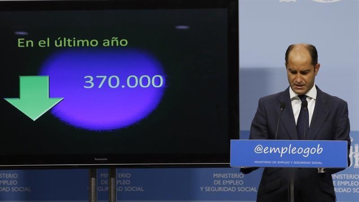 El secretario de Estado de Empleo y Seguridad Social, Juan Pablo Riesgo, interviene hoy durante la rueda de prensa que ha ofrecido para presentar los datos del paro registrado en el mes de agosto.