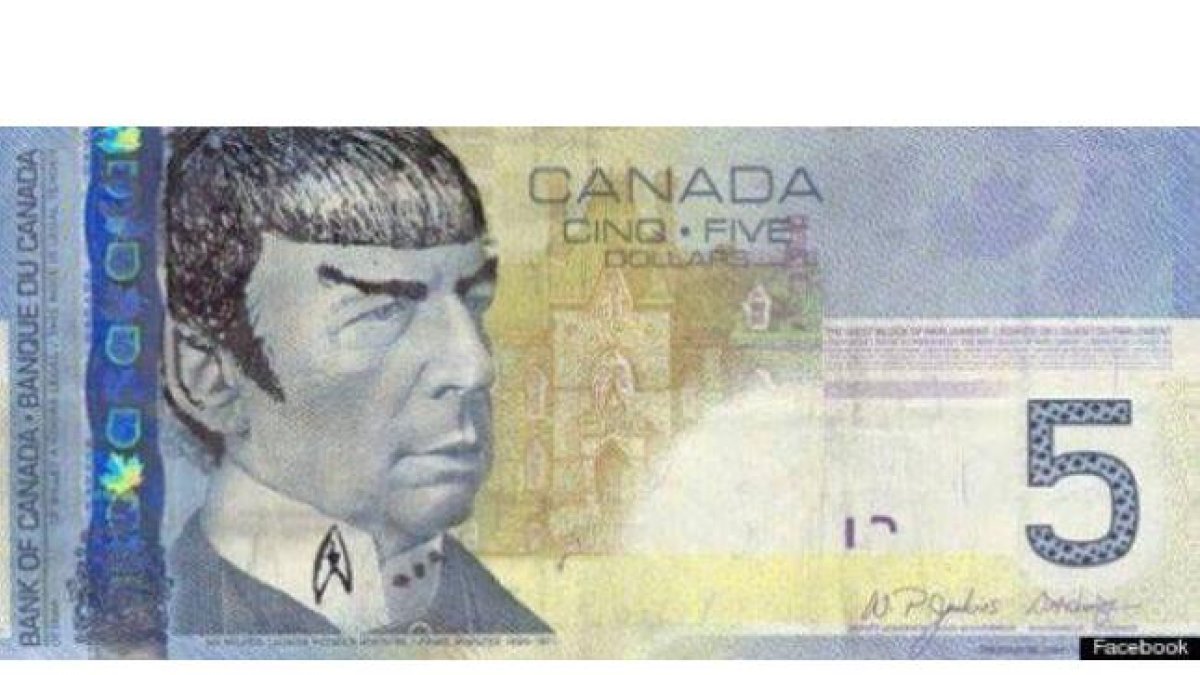 Un billete adulterado de 5 dólares canadienses.
