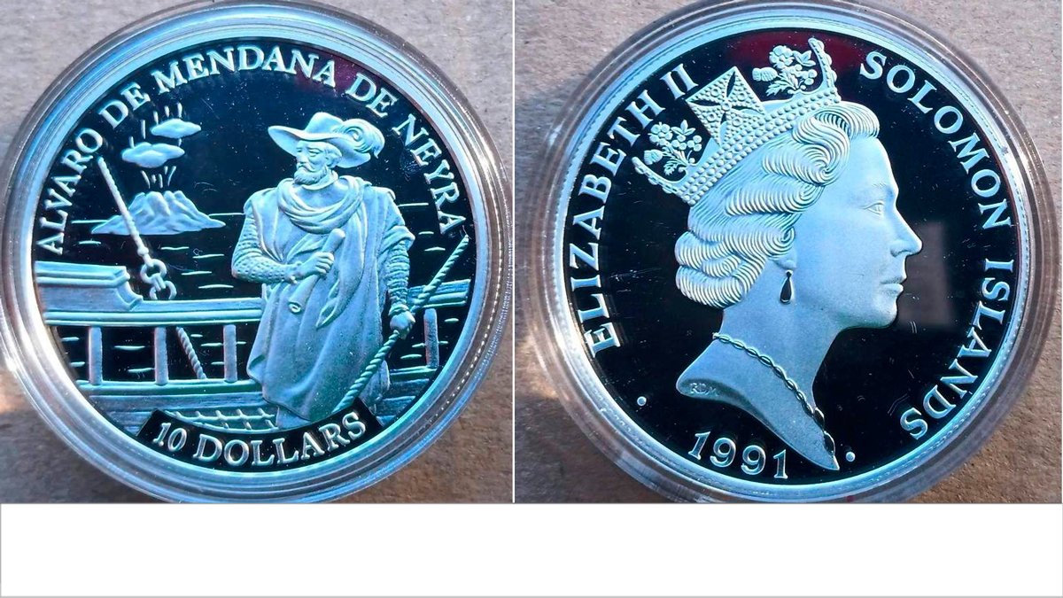 Las dos caras de la moneda de 10 dólares acuñada en 1991, con Isabel II y Mendaña. TC