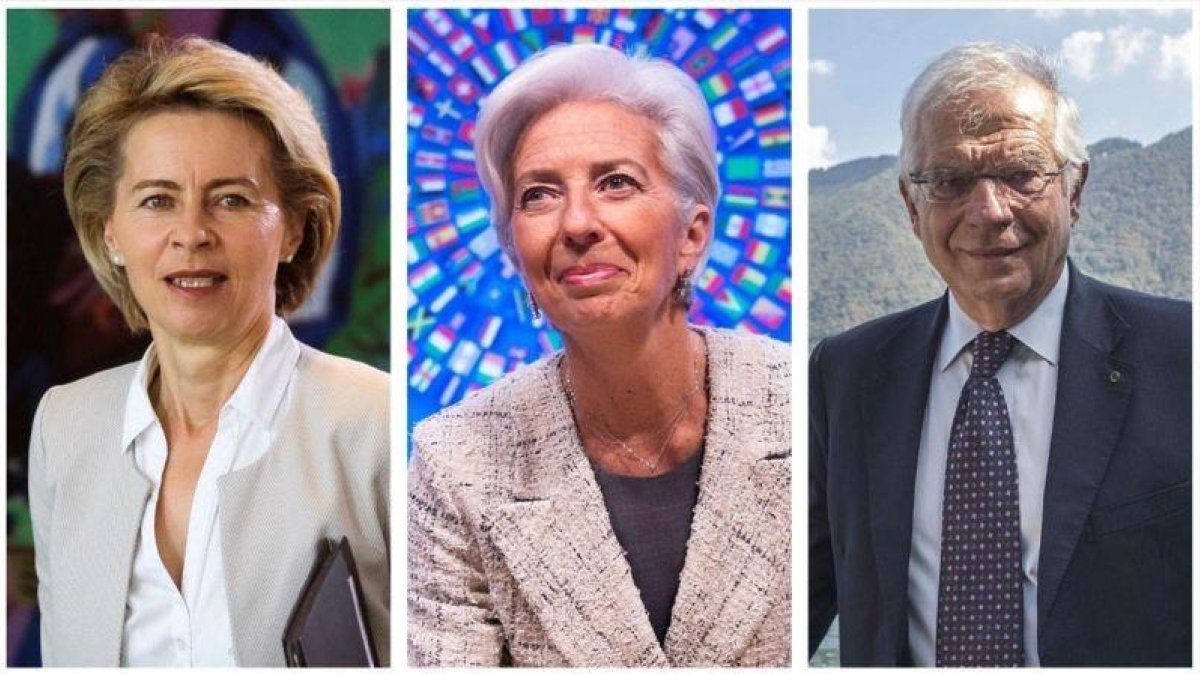 De izquierda a derecha, Ursula von der Leyen, nueva presidenta de la Comisión Europea, Christine Lagarde, presidenta del BCE, y Josep Borrell, jefe de la diplomacia europea.