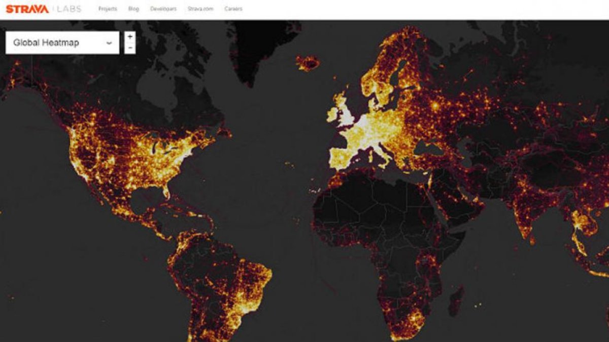 Mapa de calor de los usuarios de la app de fitness Strava