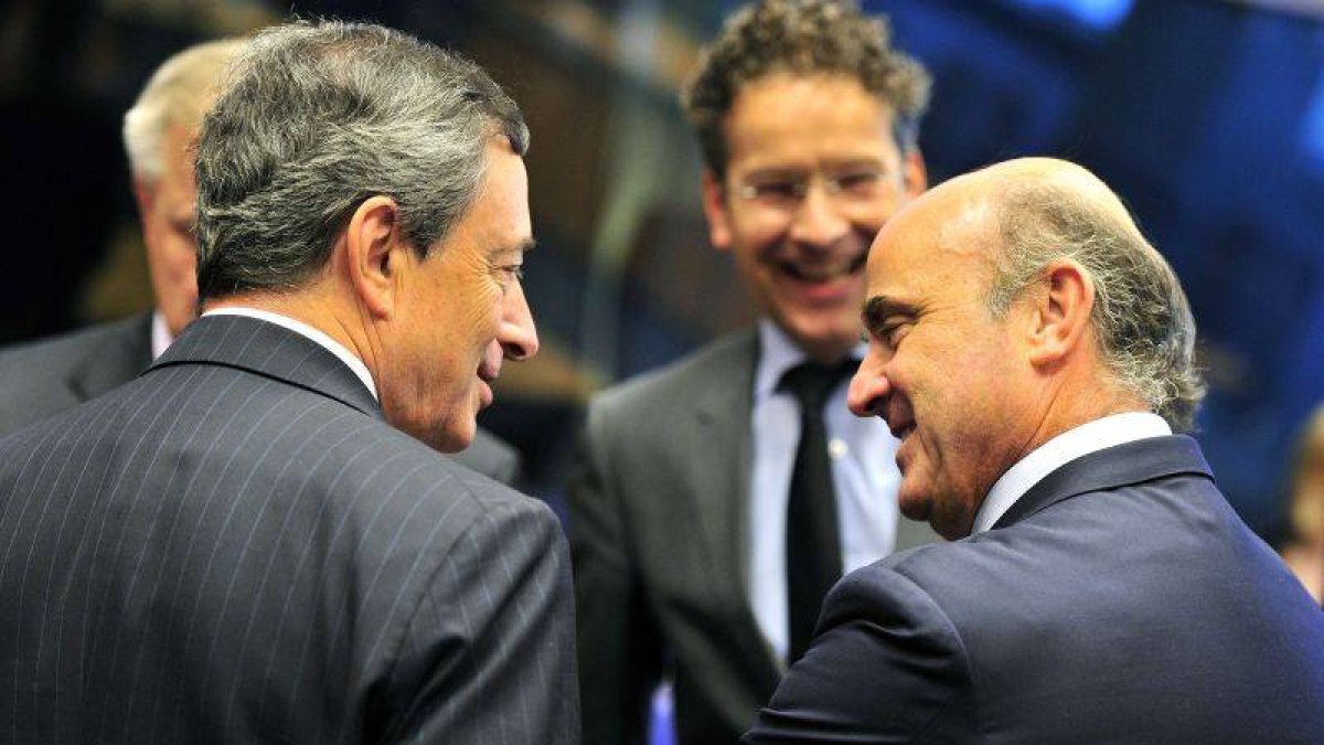 Draghi, Dijsselbloem y De Guindos, en el Eurogrupo.