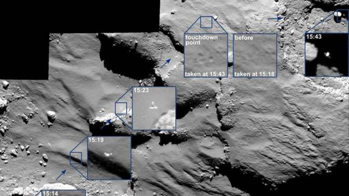 magen facilitada por la Agencia Espacial Europea (ESA) hoy 17 de noviembre de 2014 que muestra el aterrizaje del módulo Philae sobre la superficie del cometa 67P/Churyumov-Gerasimenko