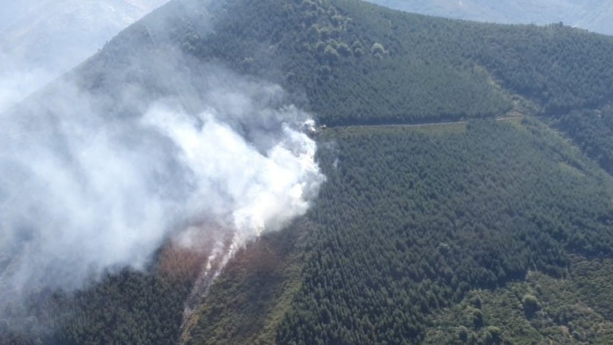 Vista aérea del incendio forestal de Villafrea de la Reina, esta mañana. ATBRIF