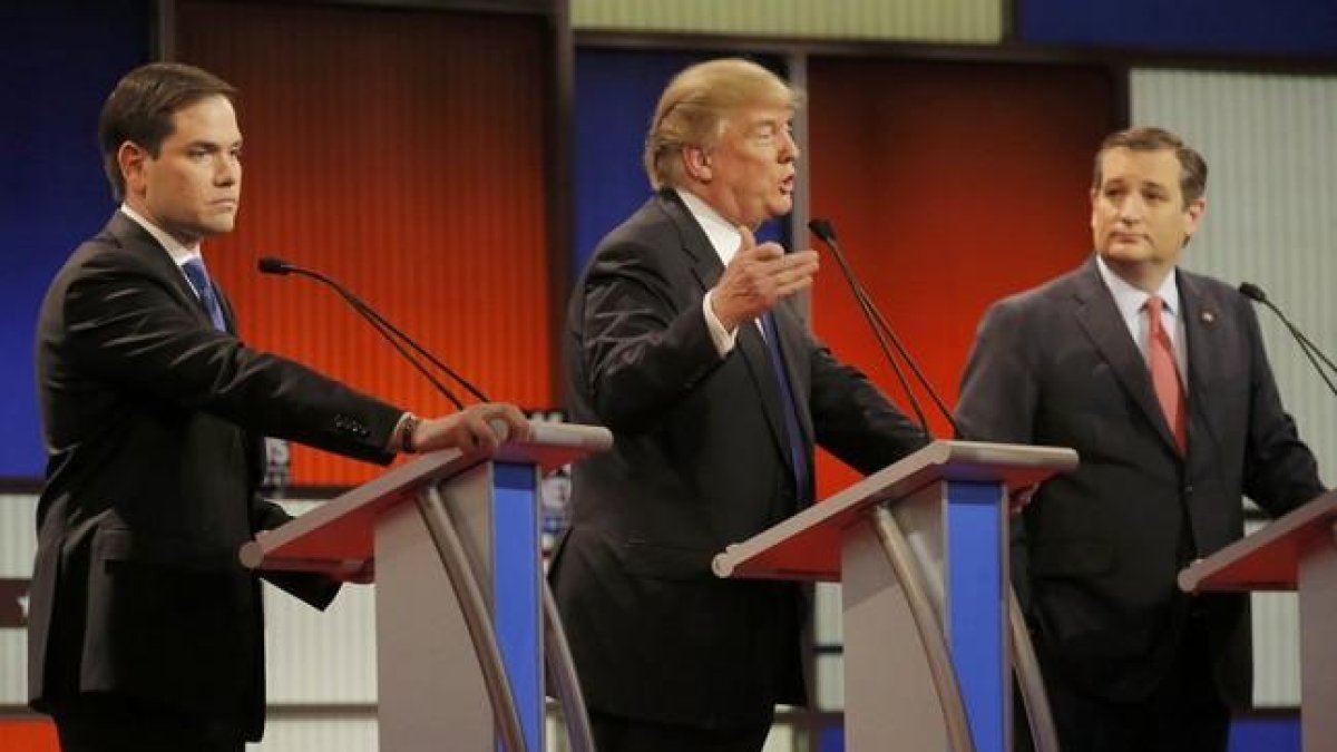 Marco Rubio, Donald Trump y Ted Cruz, en un momento del debate republicano, moderado por la Fox en Detroit.