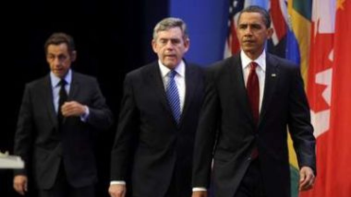 Sarcozy, Brown y Obama, en su comparecencia antes del inicio de la cumbre del G-20.