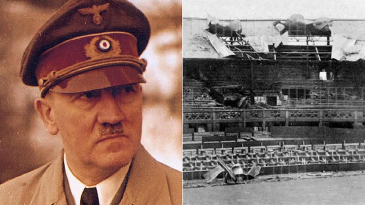 Hitler, junto a una imagen de los daños en la pista central de Wimbledon por el bombardeo de la aviación nazi.