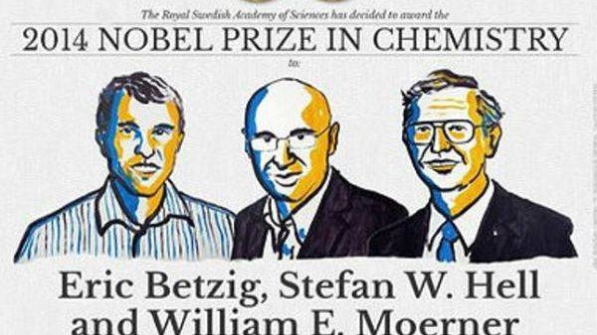 Ilustración de los profesores Eric Betzig, William E. Moerner y Stefan W. Hell, ganadores del Nobel de Química.