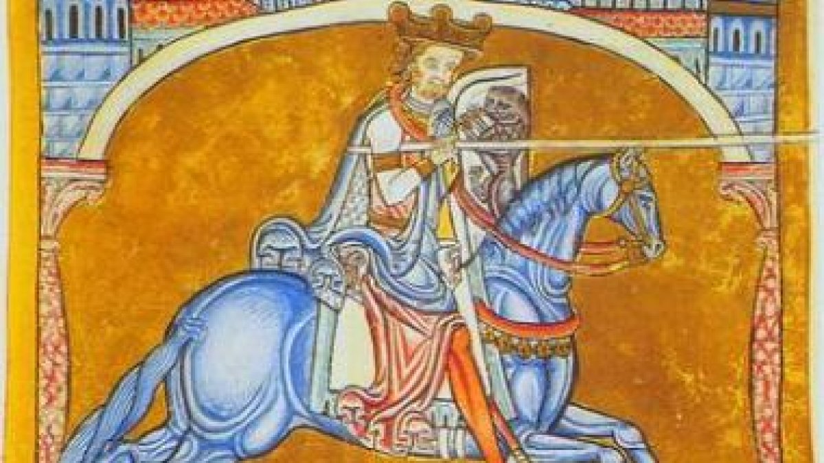 Ilustración de Alfonso IX, último rey de León, en el tumbo de la Catedral de Santiago de Compostela.