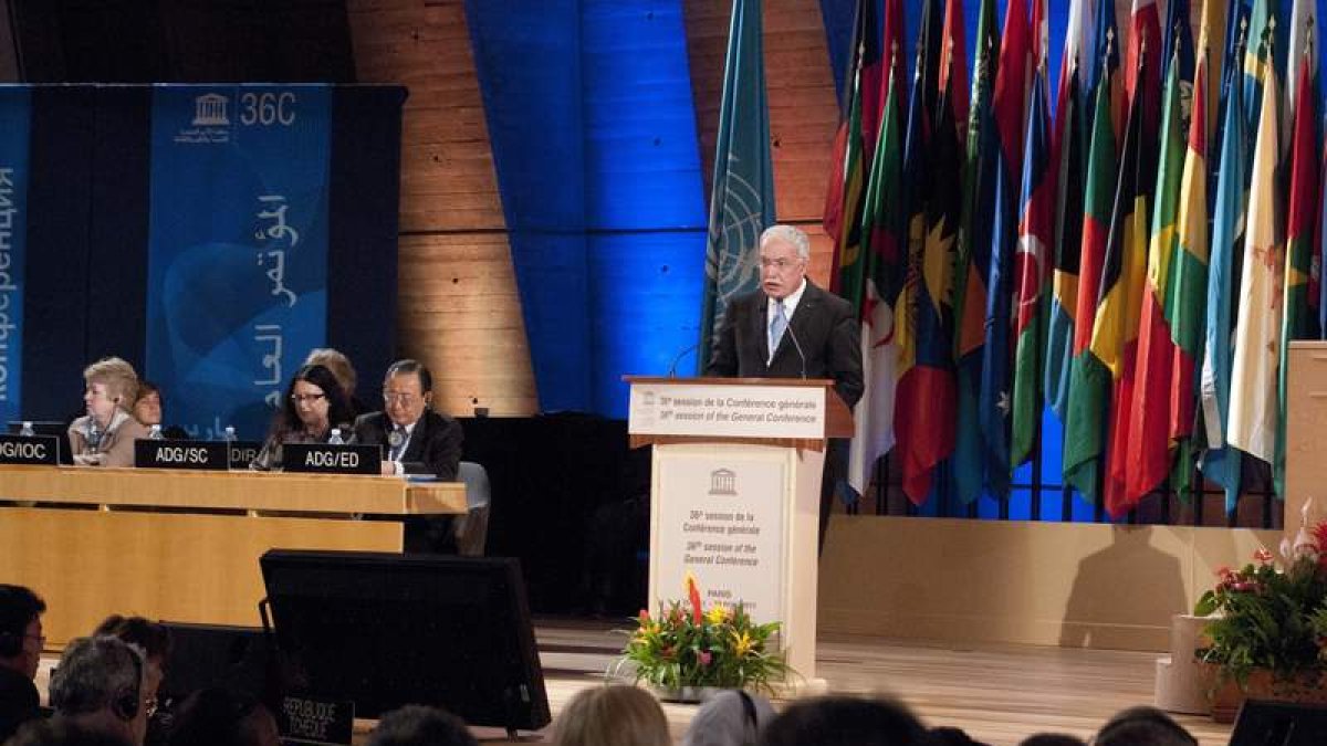El ministro de Exteriores palestino, Riyad Al-Malki, durante la Asamblea de la Unesco.