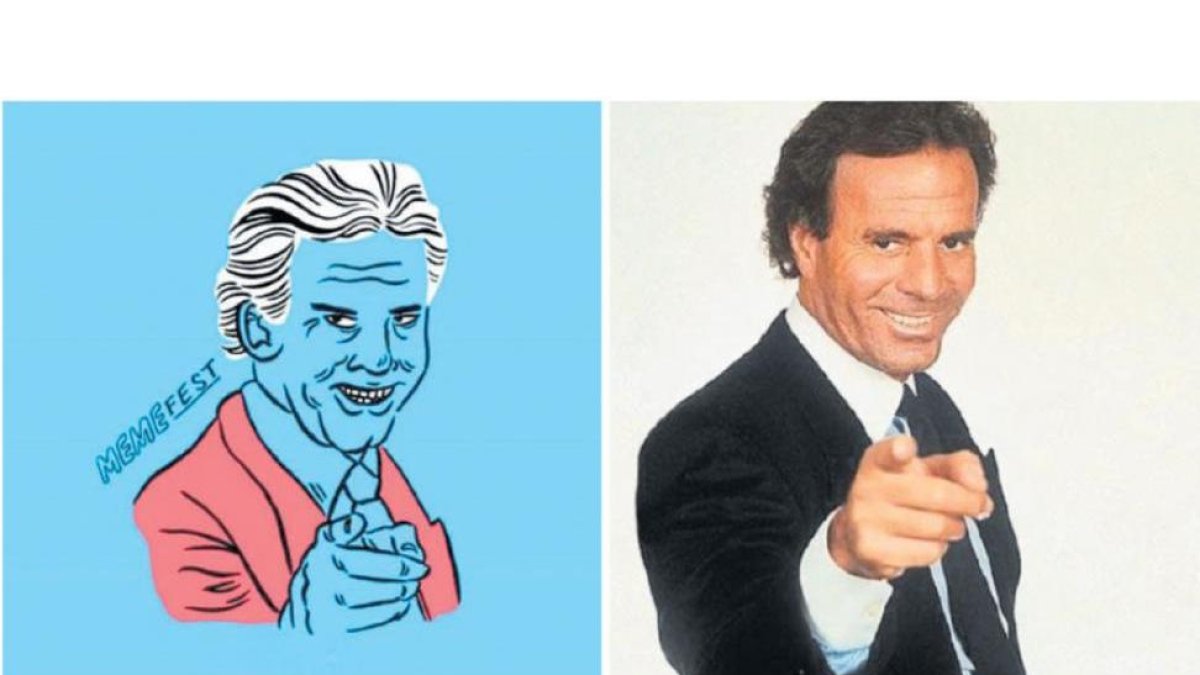 Una de las ilustraciones del cartel del Memefest junto al meme que reproduce, el de Julio Iglesias