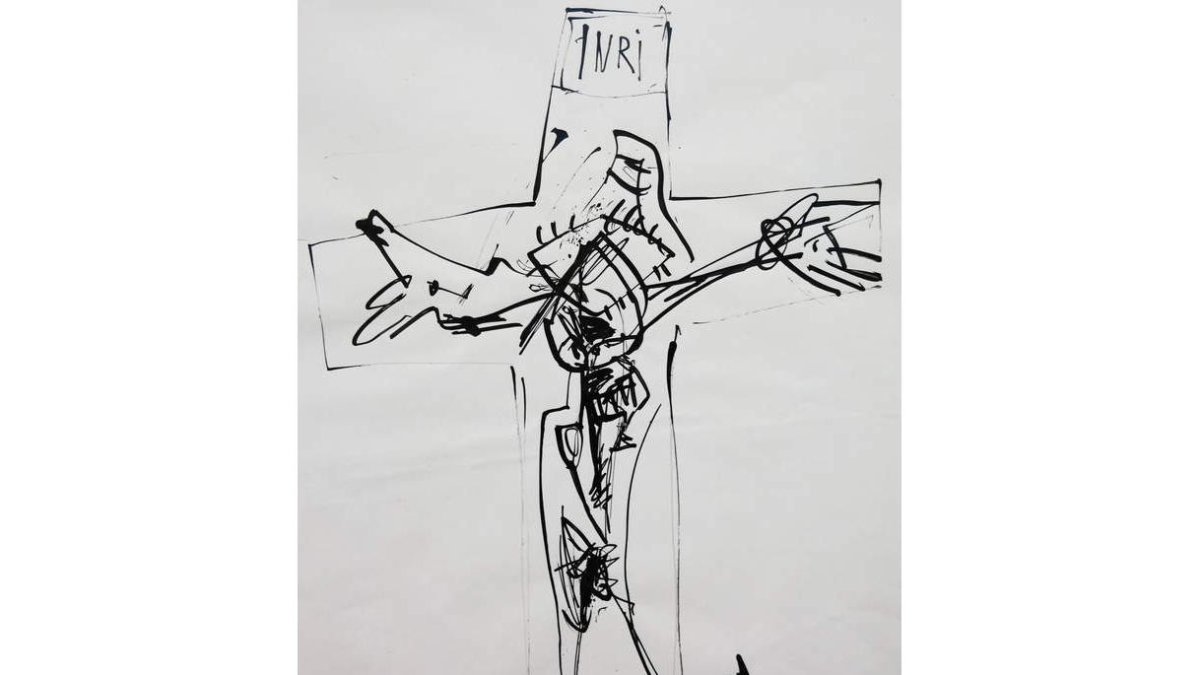 ‘Crucifixión’, dibujo de Antonio López, un detalle de la exposición en la galería Ármaga y ‘El ojo del misterio’, de Manuel Viola.