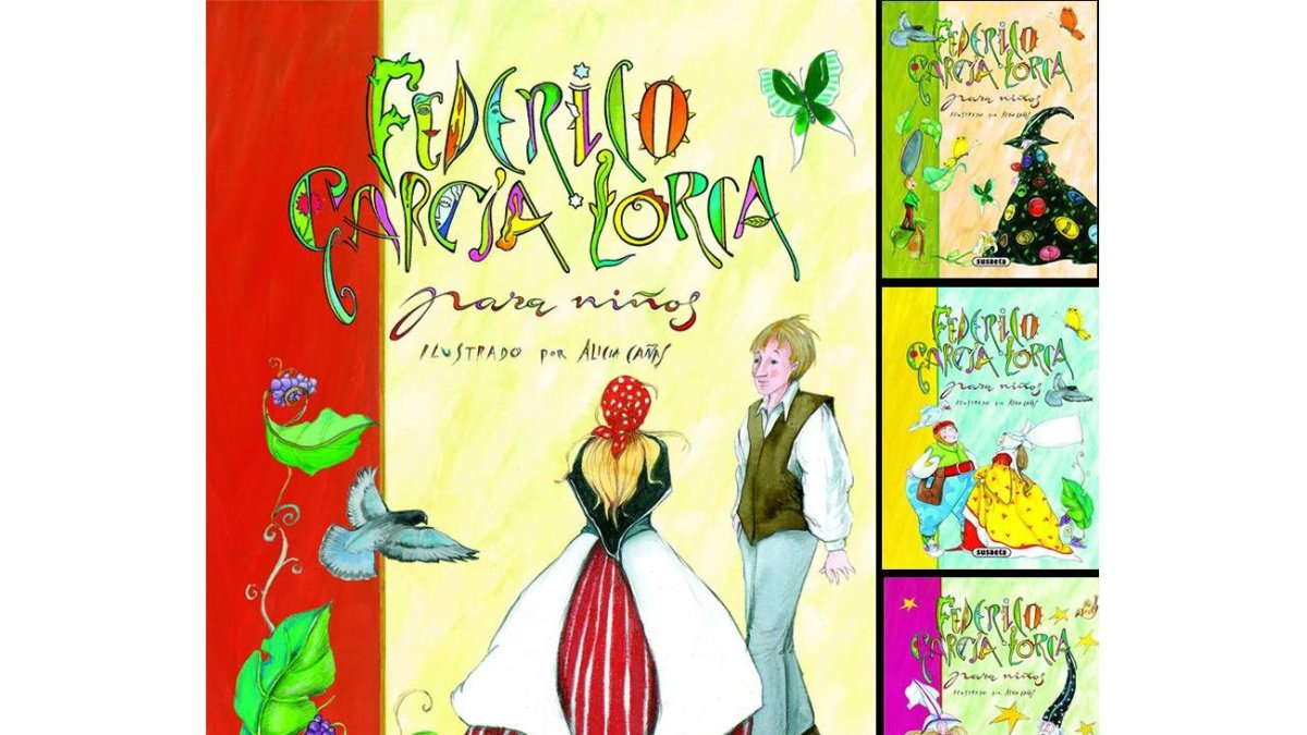Las portadas de estos cuatro libros, magníficamente ilustrados por Alicia Cañas: ‘Canciones y ritmos’, ‘Naturaleza y paisajes’, ‘Baladas y amores’ e ‘Historias y leyendas’.