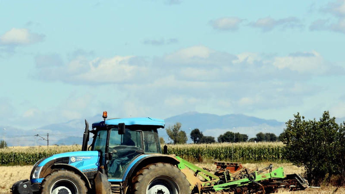 Un agricultor realiza labores con su tractor en una finca de cultivo.