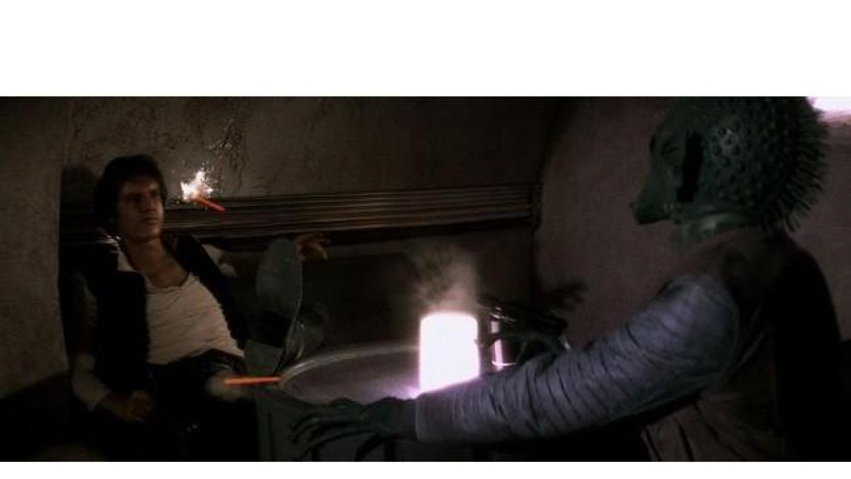 Greedo dispara primero a Han Solo, en la escena modificada de la versión original, en el 'Episodio IV'.