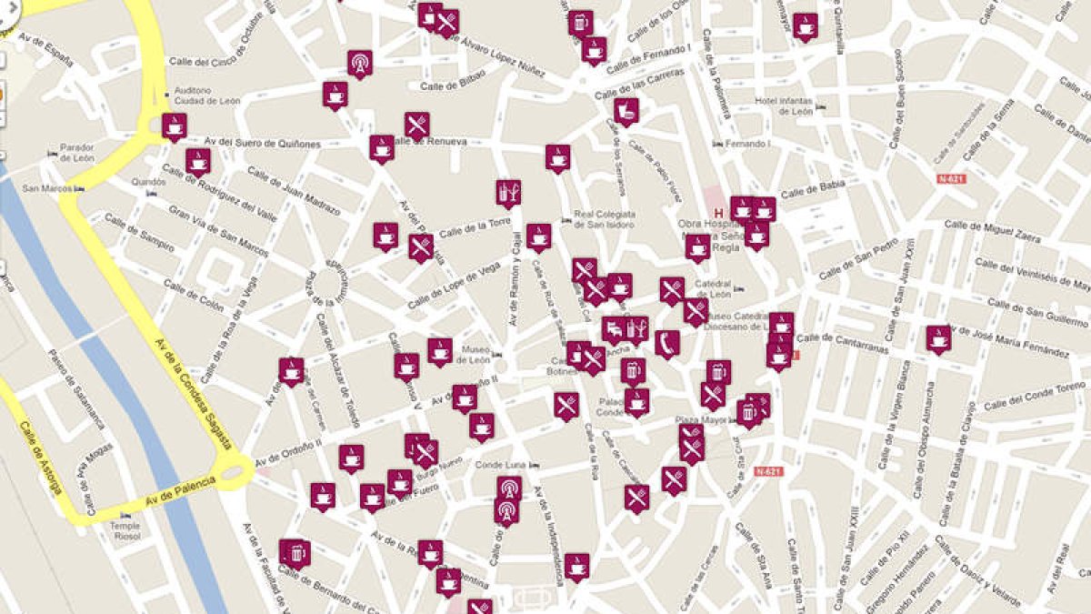 Mapa de Google sobre el que Mónica Castro ha señalado todas las redes wifi de León.