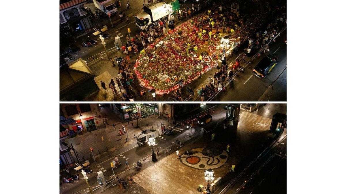 Dos imágenes de la Rambla; la de arriba muestra el mosaico de Miró lleno de ofrendas el lunes por la noche y la de abajo, la misma zona en la madrugada del martes.