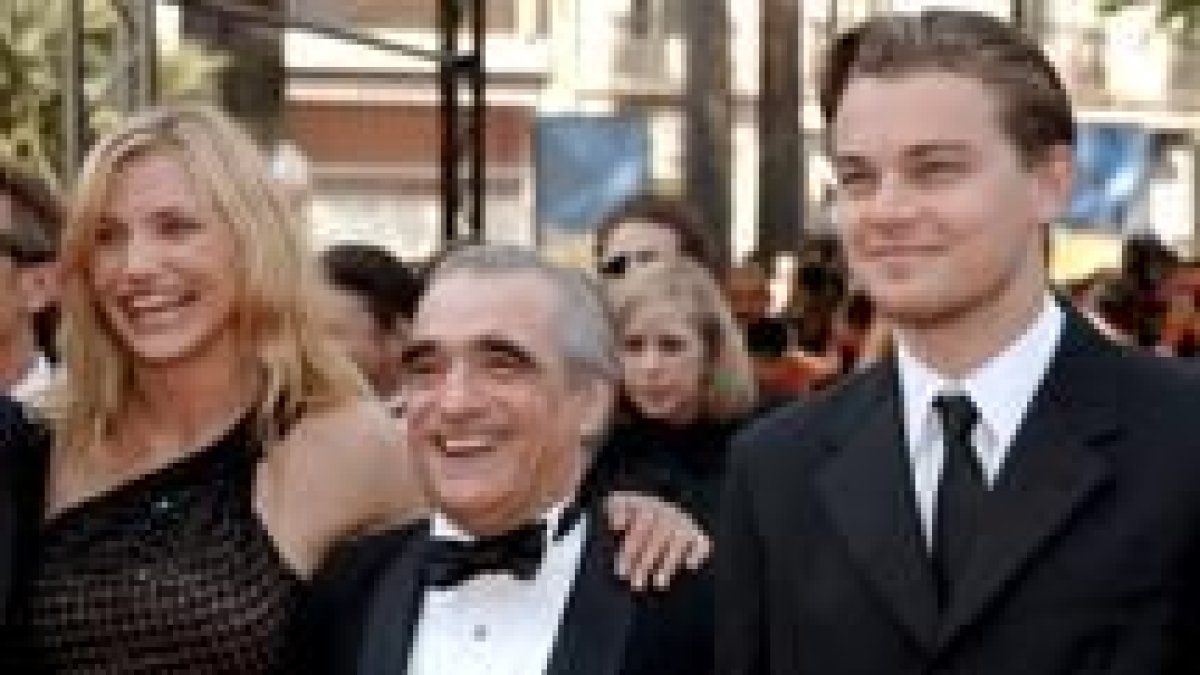 El director Martin Scorsese junto a los protagonistas del filme, Cameron Díaz y Leonardo DiCaprio