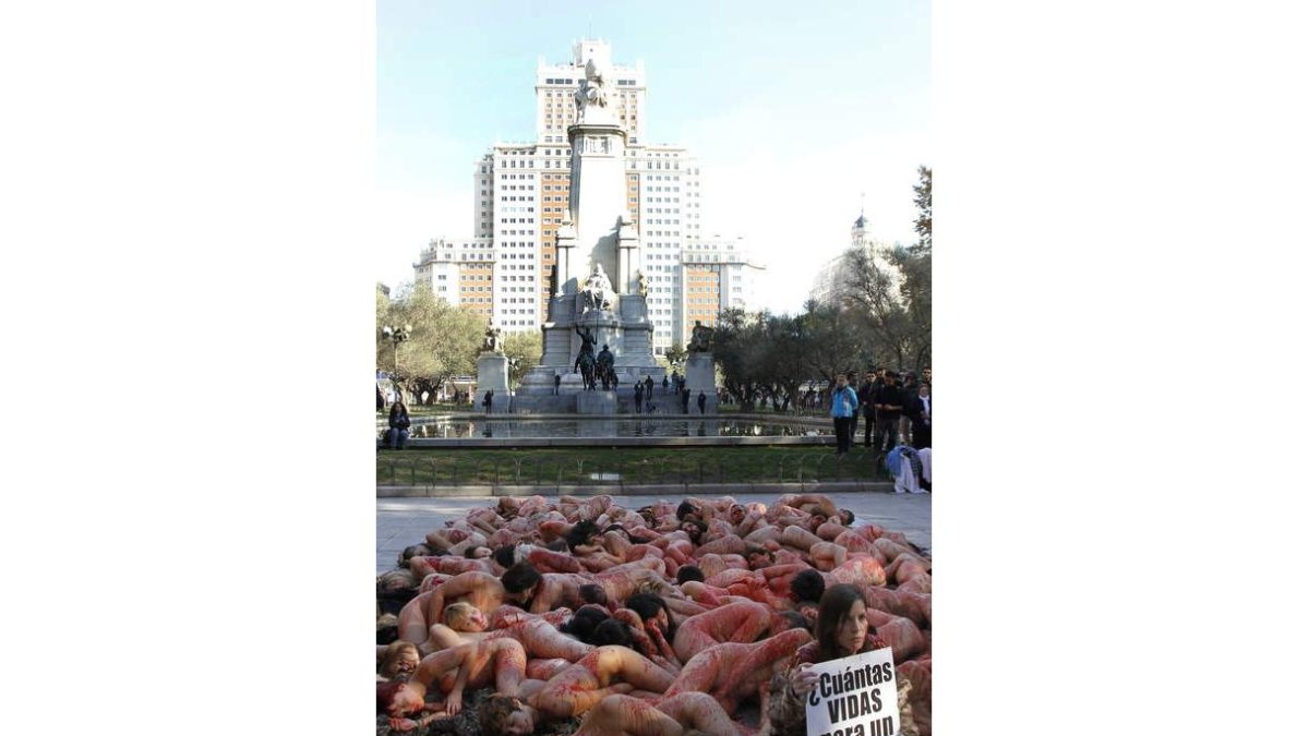 Los activistas de AnimaNaturalis en la plaza de España.