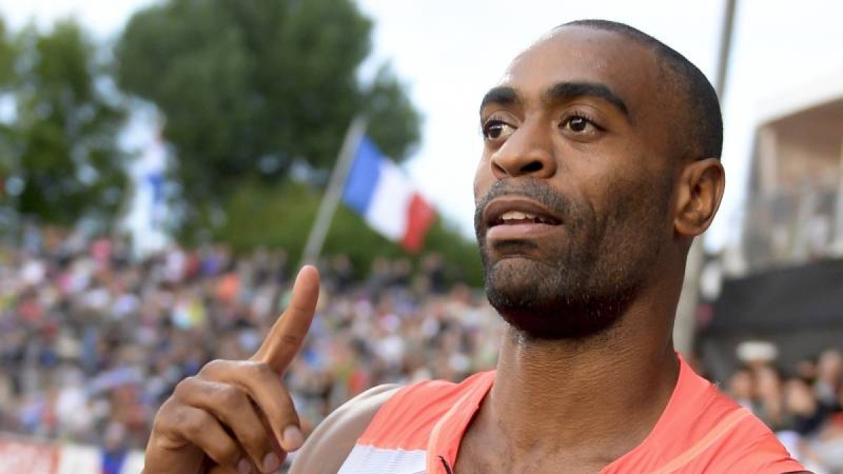 Tyson Gay celebra su victoria en la carrera de los 100 metros lisos disputada en Lausana (Suiza) el pasado 4 de Julio.