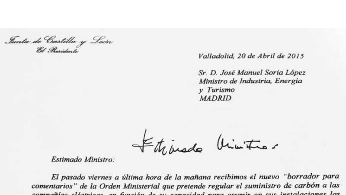 La carta que remitió Herrera el lunes al ministro Soria
