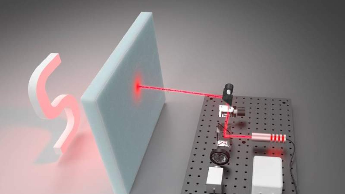 El emisor láser lanzando un pulso de luz sobre la espuma que oculta la ‘S’. Stanford Computational Imaging Lab