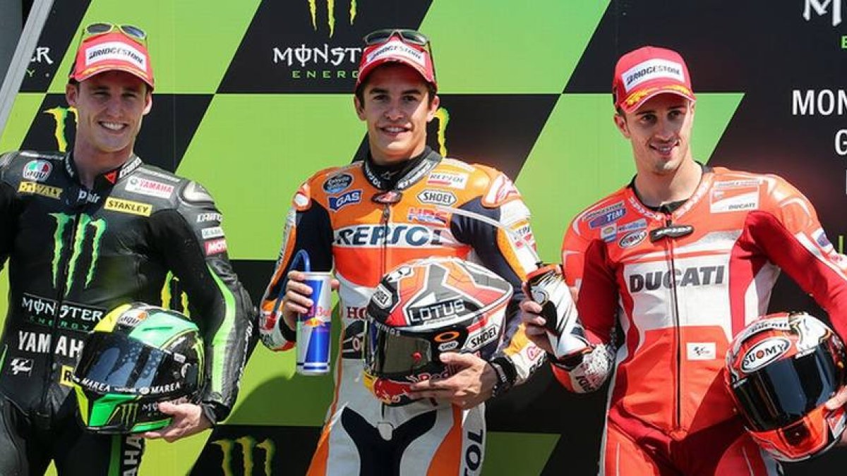 La parrilla de MotoGP del GP de Francia: Marc Márquez, que ha logrado la 'pole position', escoltado por Pol Espargaró y Andrea Dovizioso.