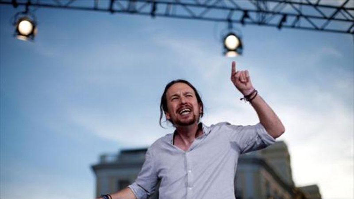 Pablo Iglesias, en el acto de Podemos en la Puerta del Sol de Madrid, el sábado pasado.