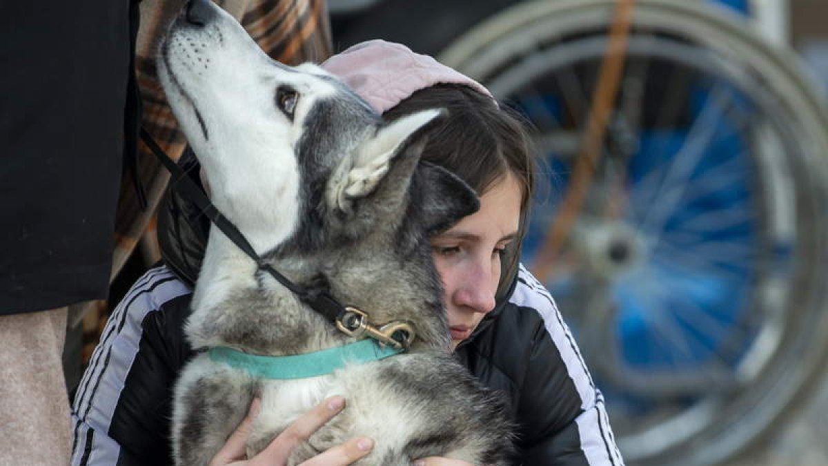 Una niña abraza a su perro en la frontera de Polonia. DUMITRU DORU