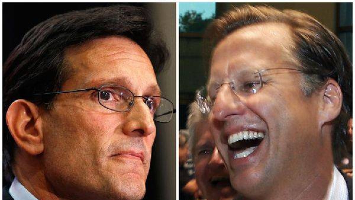 A la izquierda, un abatido Eric Cantor, y a la derecha, un eufórico Dave Brat, anoche tras las primarias republicanas en Viriginia.