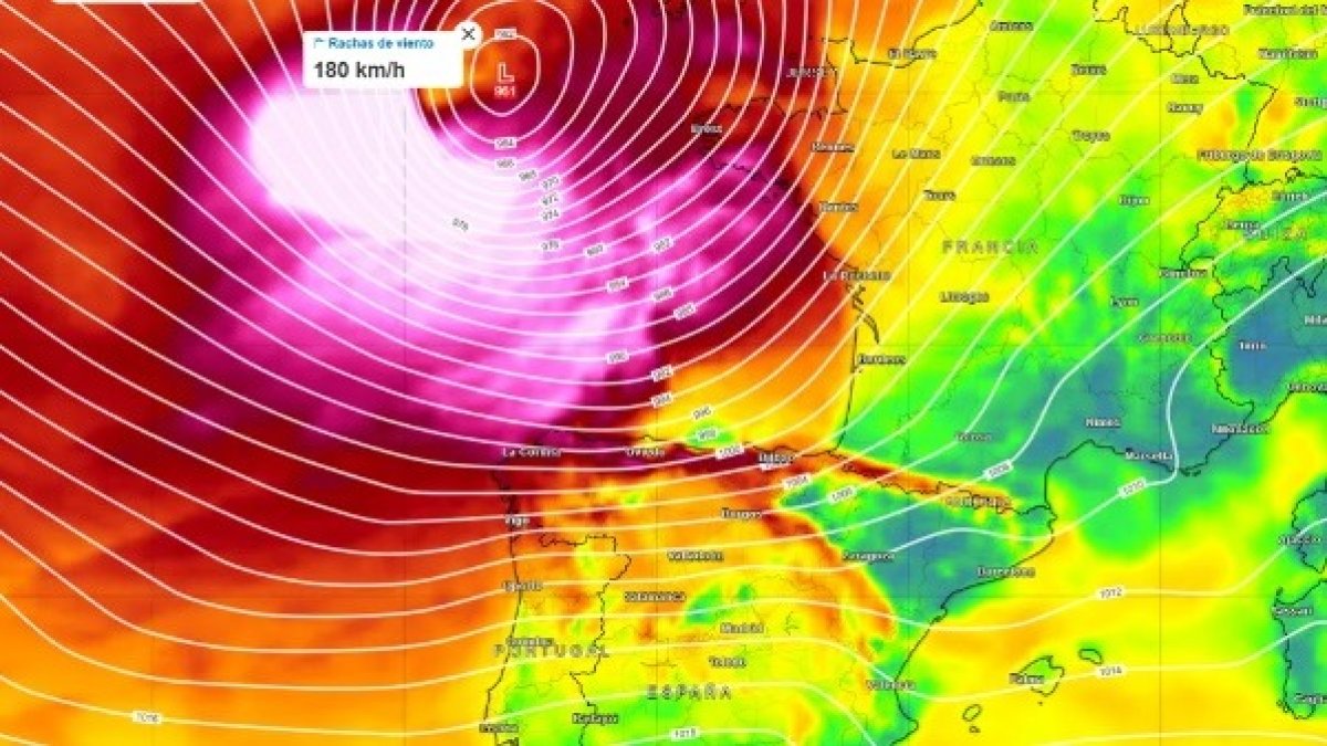 Rachas de viento y presión en superficie previstos por el modelo del Centro Europeo para el jmiércoles 1 de noviembre a las 22 UTC. El fuerte gradiente de presión al paso de la borrasca Ciarán dará lugar a un temporal muy duro en el Cantábrico. METEORED