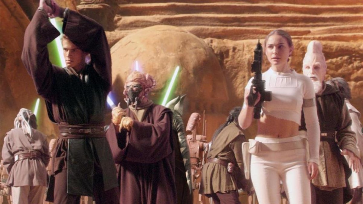 Un grupo de jedis liderado por Anakin Skywalker en la película El ataque de los clones