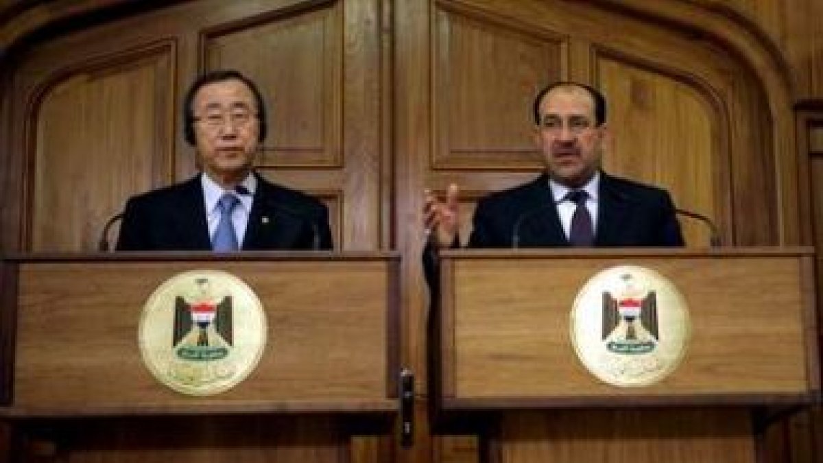El secretario general de la ONU, Ban Ki-moon, durante la rueda de prensa conjunta con Nuri Al-Maliki
