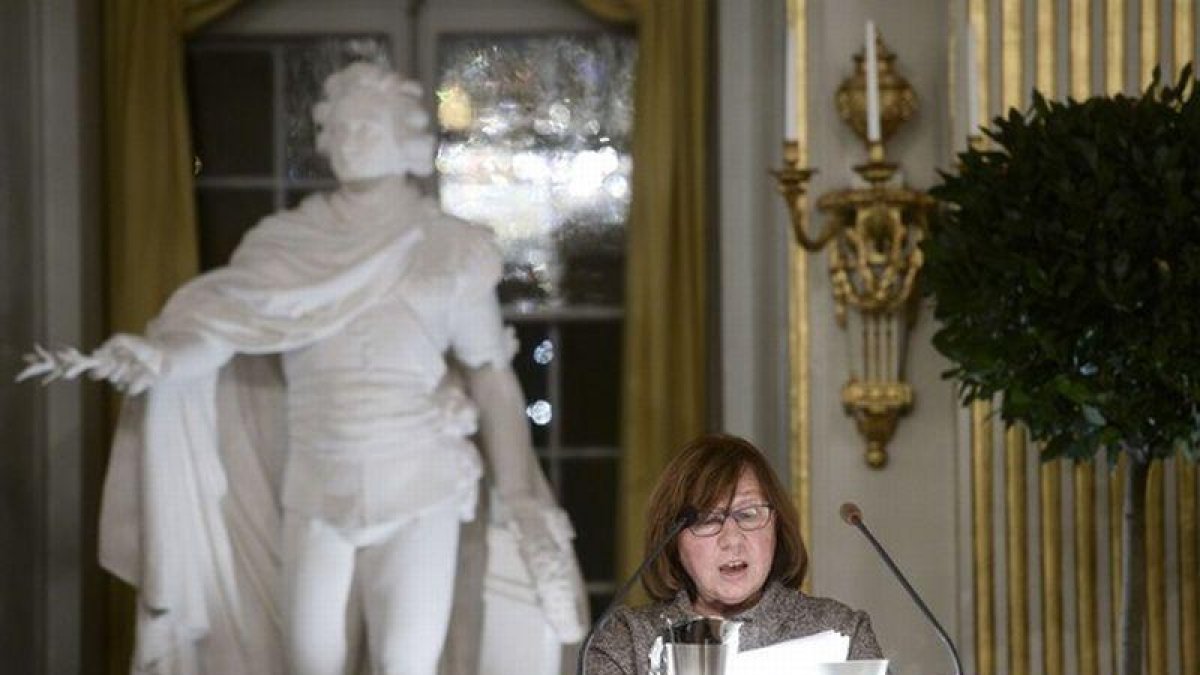 Svetlana Aleksiévich, en su conferencia como Nobel de Literatura en Estocolmo.