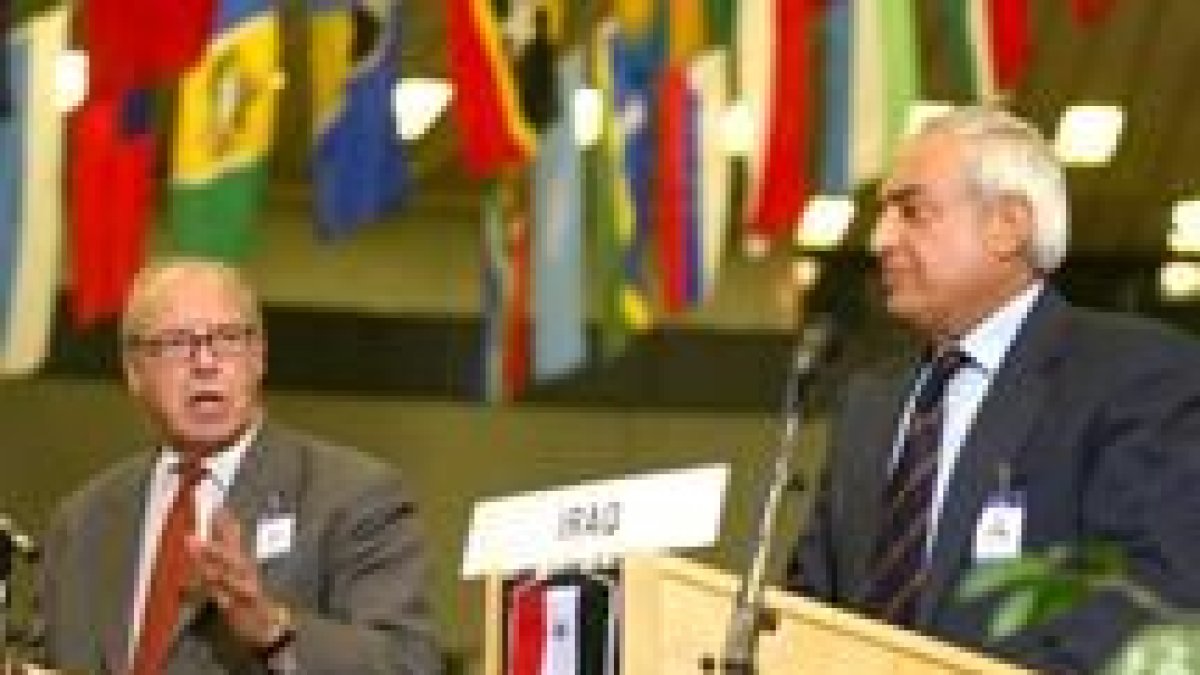 Amir al Sadi (derecha), representate de Irak y Hans Blix, de la ONU, ayer en la reunión de Viena.