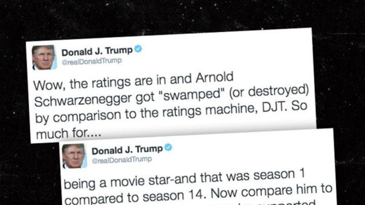 Montaje con dos de los tuits de Donald Trump en los que se mofa de las audiencias televisivas de Arnold Schwazenegger.