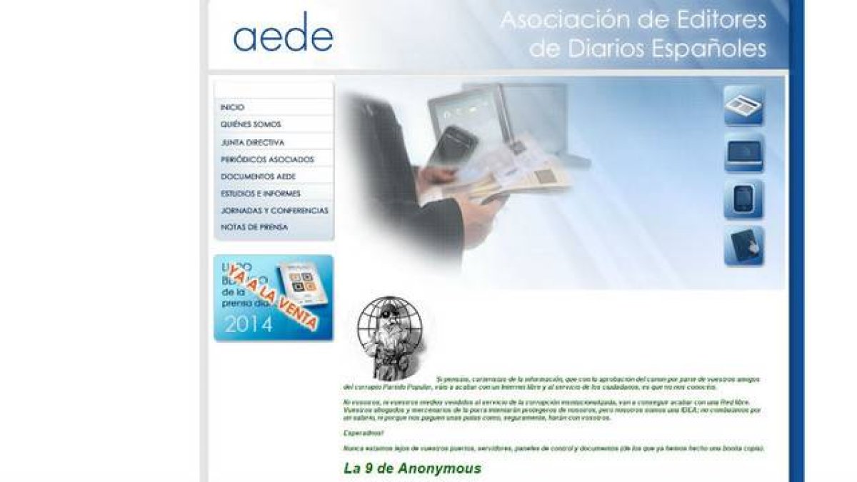 El mensaje que Anonymous ha colgado en la web de AEDE este jueves, tras aprobarse el proyecto de reforma de la ley de propiedad intelectual.