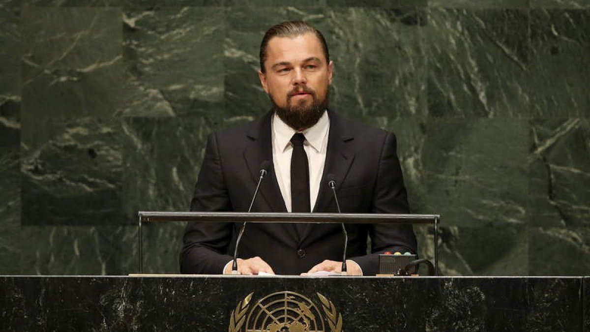 Leonardo di Caprio, durante su discurso en las Naciones Unidas como Mensajero de Paz.