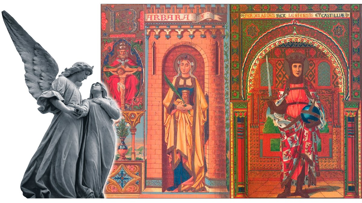 A la izquierda, una escultura de una pareja de ángeles; en el centro una ilustración  de un santo y una santa que protagonizan una estampa religiosa junto a una representación de la crucifixión de Cristo. A la derecha, estampa del rey leonés Fernando III, un monarca santificado. DL